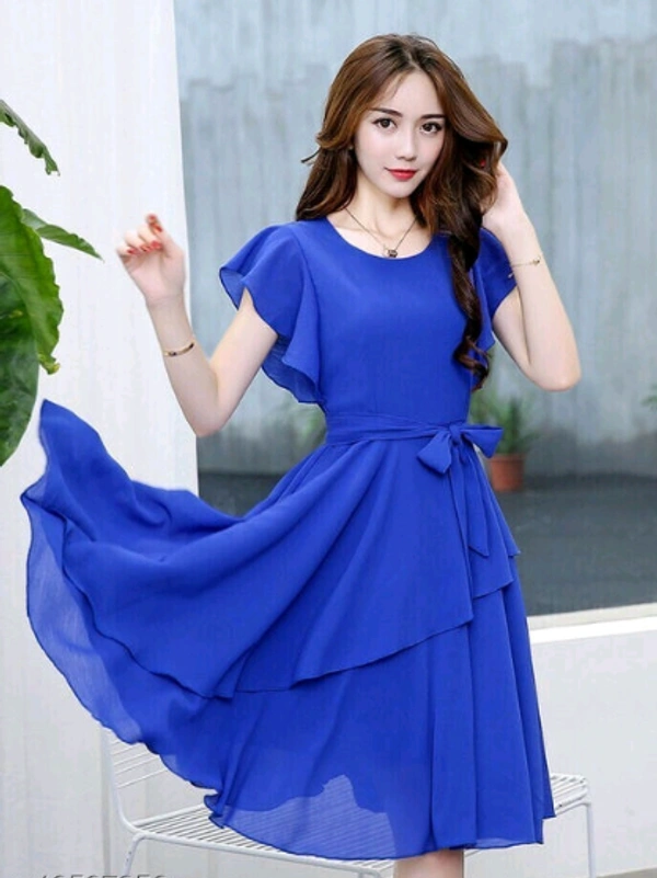 Elizy Women Black Plain Flair Georgette Short Dress - M, Royal Blue